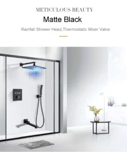 Black Thermostatic Shower Faucet Rainfall LED Color Changing Shower Head Wall Concealed Bath Shower Mixer Tap Bathtub Shower Set