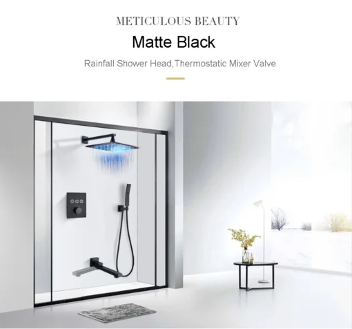 Black Thermostatic Shower Faucet Rainfall LED Color Changing Shower Head Wall Concealed Bath Shower Mixer Tap Bathtub Shower Set