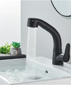 POIQIHY Pull Out Black Bathroom Sink Faucet Hot and Cold Water Mixer Crane Lift Up and down Chrome 360 Degree Water Mixer Tap