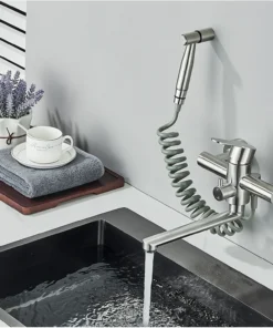 Brushed Nickel Wall Mounted Kitchen Faucet Rotating Long Spout Kitchen Mixer Tap Bidet Spray Head Bathroom Kitchen Tap