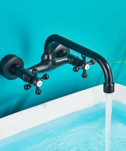 Black Basin Faucet Wall Mounted Dual Handles Bathroom Faucets Swivel Spout Antique Brass Crane Hot Cold Water Mixer Tap