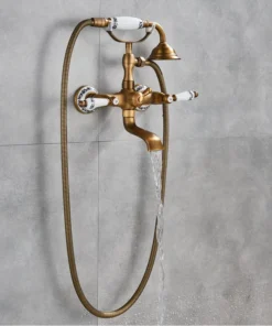 Retro Style Brass Bathtub Shower Faucet Set Dual Knobs Wall Mounted Bathtub Mixer with Handshower and Swivel Tub Spout Tap