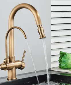 Filter Water Kitchen Faucet 2 in 1 Antique Brass Pull Out Nozzle Kitchen Purification Crane 2 Ways Swivel Mixer Tap