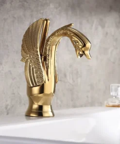 Golden Basin Faucet Brass Deck Mount Bathroom Faucets Swan Shape Single handle Lavatory Sink Hot Cold Water Mixer Taps